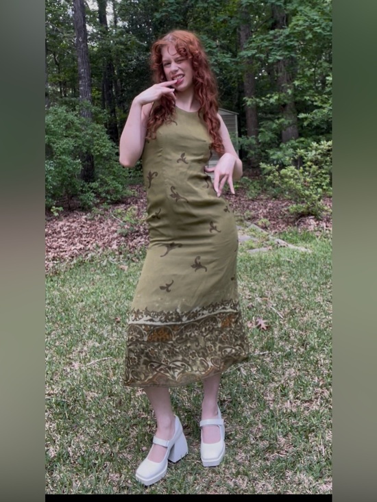 Vintage Dresses & Skirts - Vintage Olive Green Maxi Dress with Botanical Hem